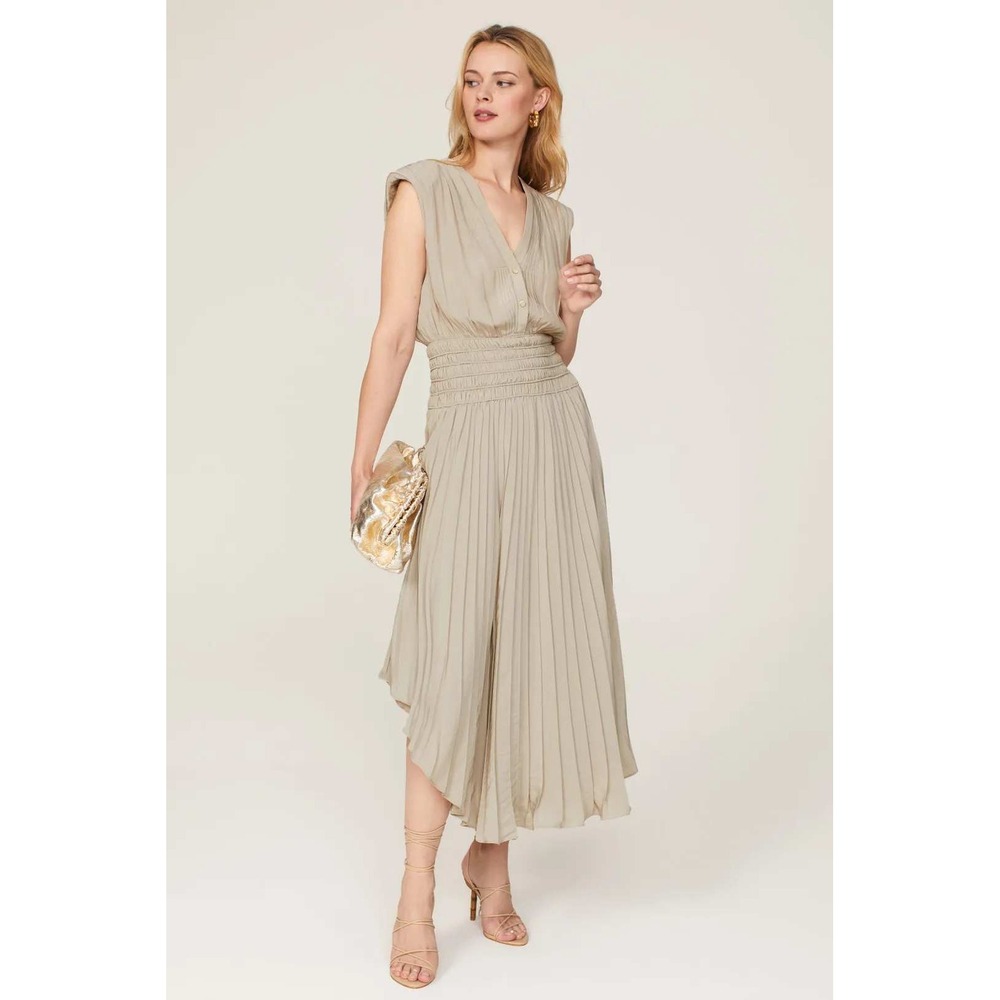 Ramy Brook Preslie Dress Sleeveless Midi Beige Smocked Waist V‎ Neck Sz L